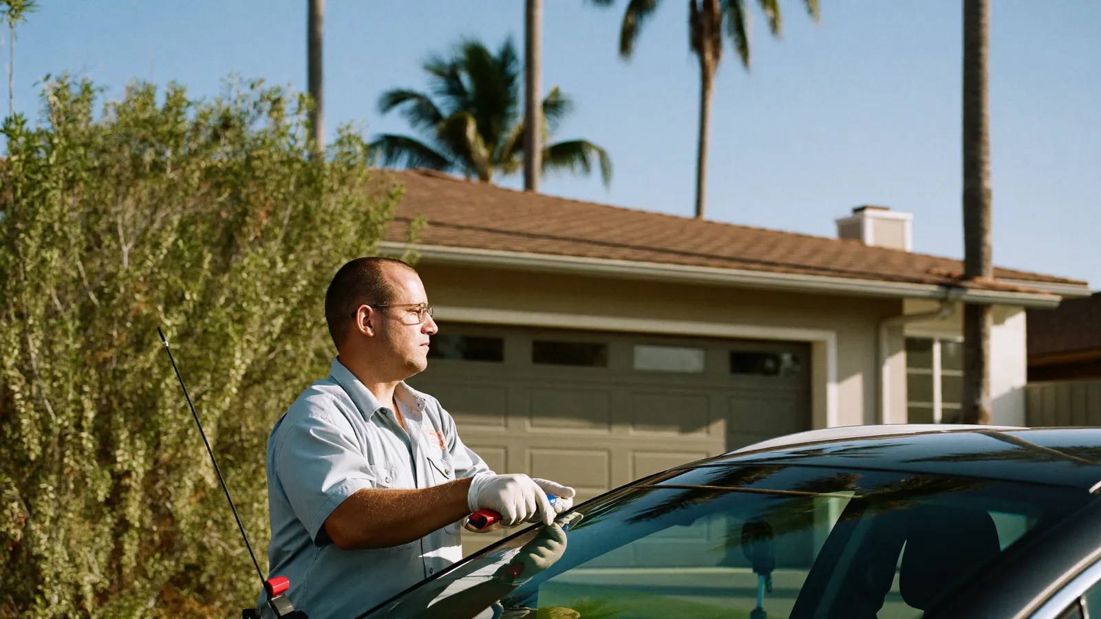 Auto glass technician replacing a windshield in Cocoa, FL